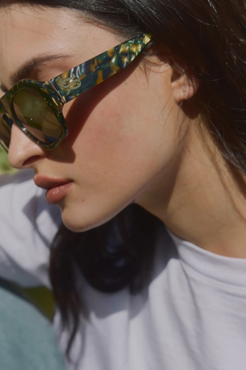 Sardine Louie Abalone Rizz Sunglasses side close up on model