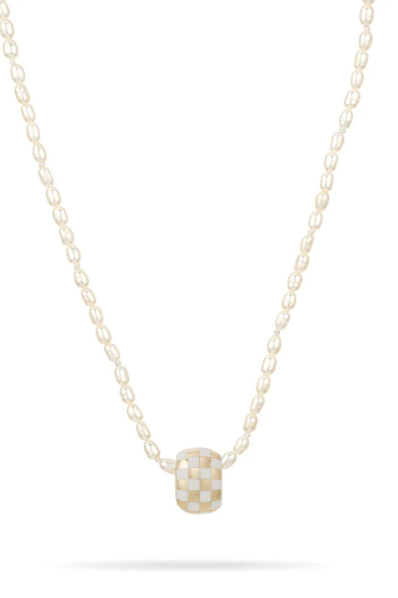Adina Reyter White Ceramic Checker Big Bead on seed pearl necklace