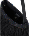 Close-up of a black feathered handbag with iridescent rhinestone trim and a black strap, shown against a plain white background.