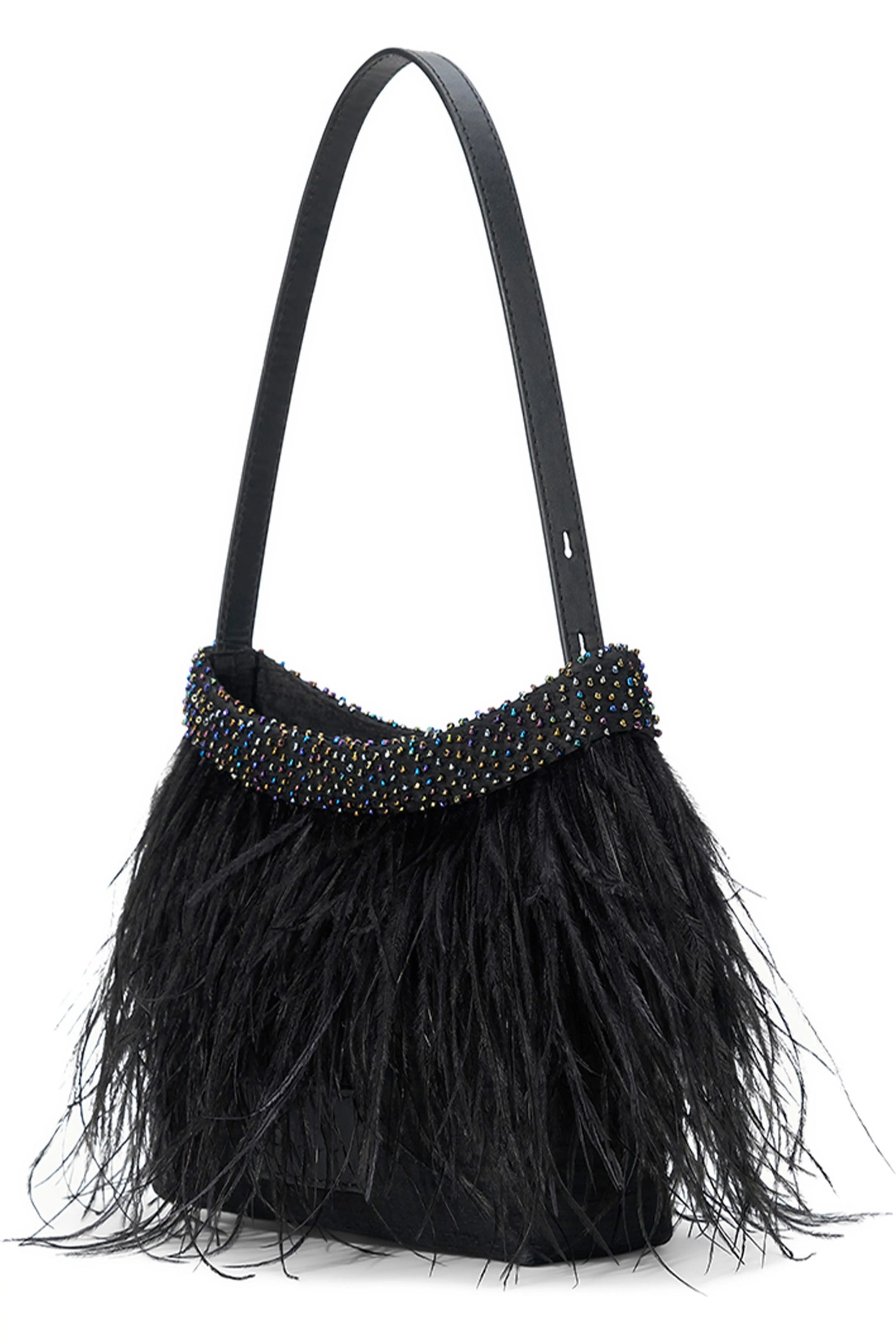 A black feathered shoulder bag with a beaded band and a single black strap, shown against a plain white background.