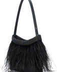 A black feathered shoulder bag with a beaded band and a single black strap, shown against a plain white background.