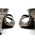 A pair of women's high-heeled sandals with a snakeskin pattern in gray, black, and beige, shown from the back on a white background.