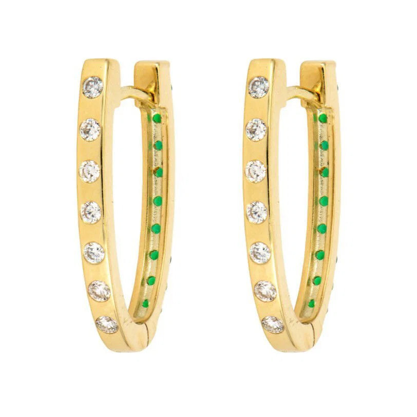 Pair of Double-Sided Oval Emerald and Diamond Hoop on diamond side