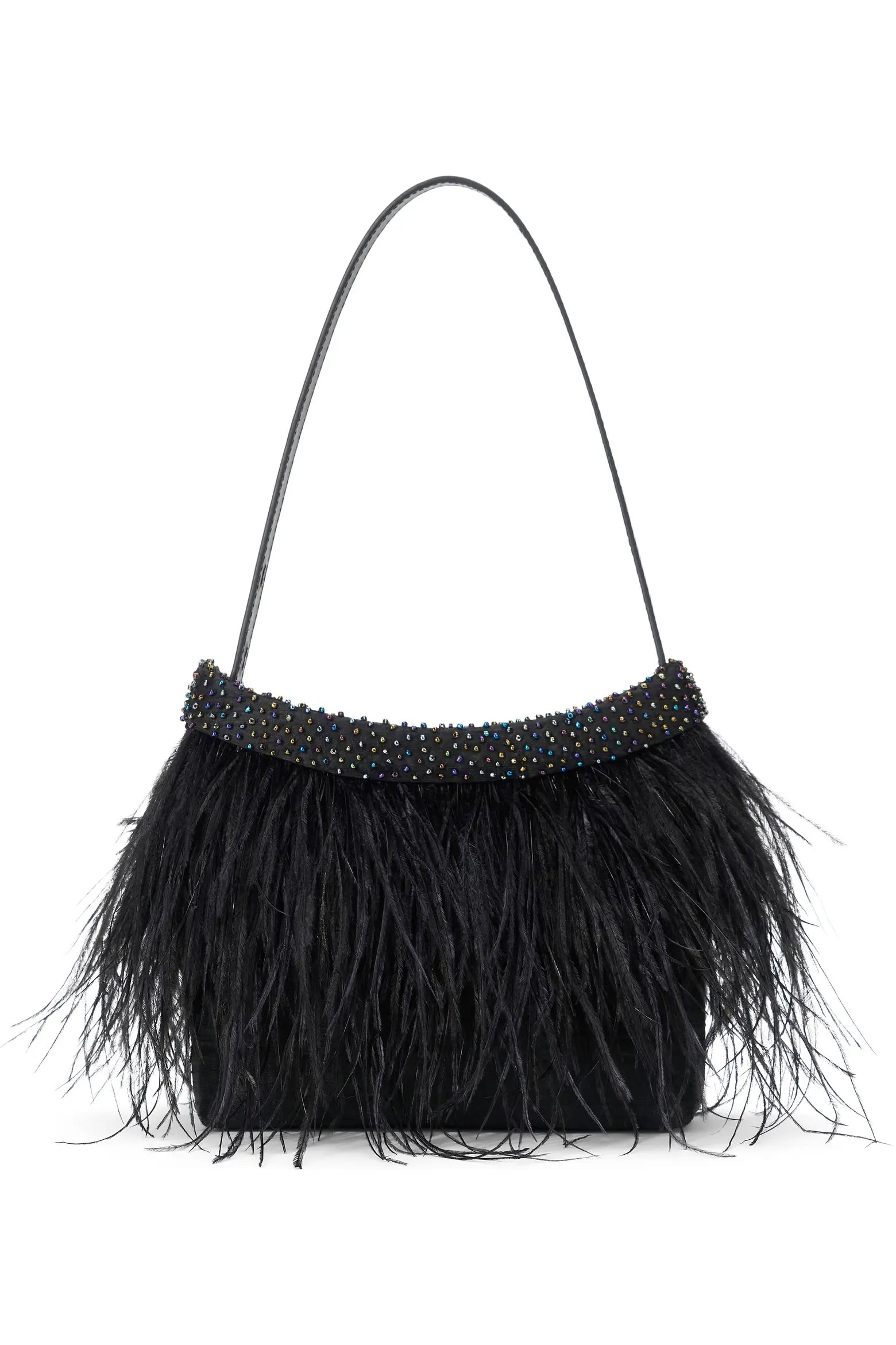 A black feathered handbag with a beaded top band and a single shoulder strap, photographed against a plain white background.