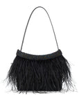 A black feathered handbag with a beaded top band and a single shoulder strap, photographed against a plain white background.