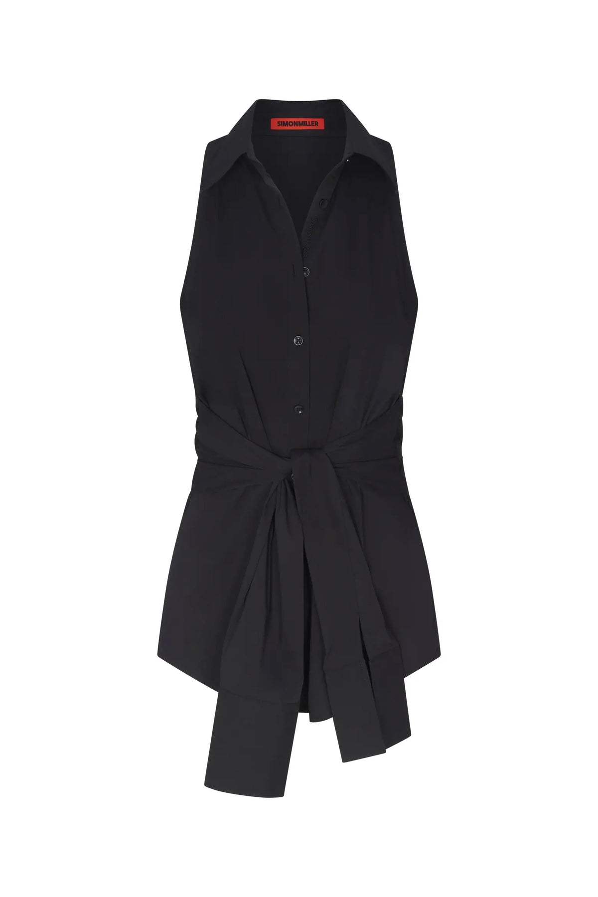 sleeveless black top with a tie front on a white background