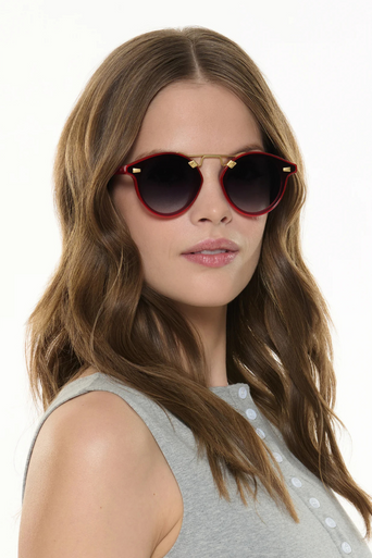 Krewe STL Nylon Cherry 18k Sunglasses on square face, female model