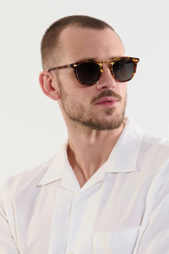 Krewe Beau II Kyoto Tortoise 18k Polarized Sunglasses on square face shape, male model