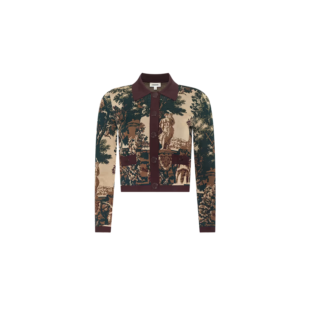 A cropped long-sleeve button-up cardigan featuring a detailed tapestry-style print with classical statues, trees, and figures in beige, brown, and green tones, with contrasting dark burgundy trim on the collar, cuffs, and button placket.