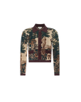 A cropped long-sleeve button-up cardigan featuring a detailed tapestry-style print with classical statues, trees, and figures in beige, brown, and green tones, with contrasting dark burgundy trim on the collar, cuffs, and button placket.