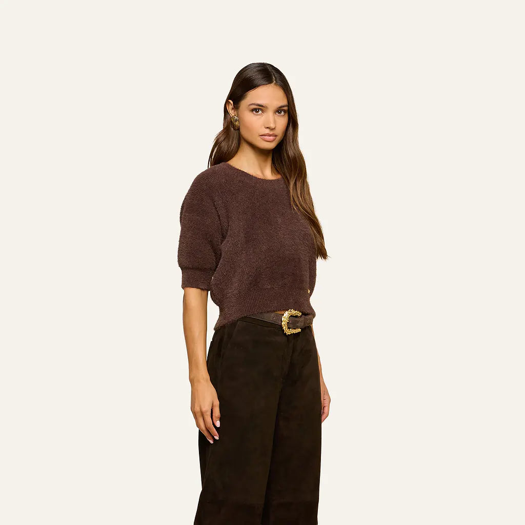 A woman modeling a short-sleeve brown knit top with a crew neck, paired with dark brown wide-leg trousers and a gold buckle belt, against a solid off-white background.