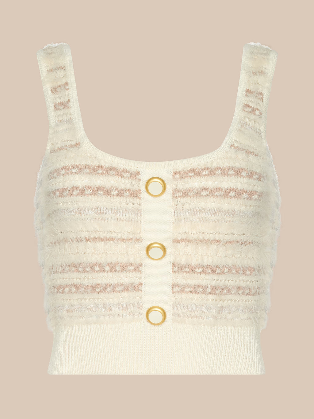 An off-white knit crop top with textured horizontal stripes and three gold-tone ring buttons down the center, displayed against a solid beige background.