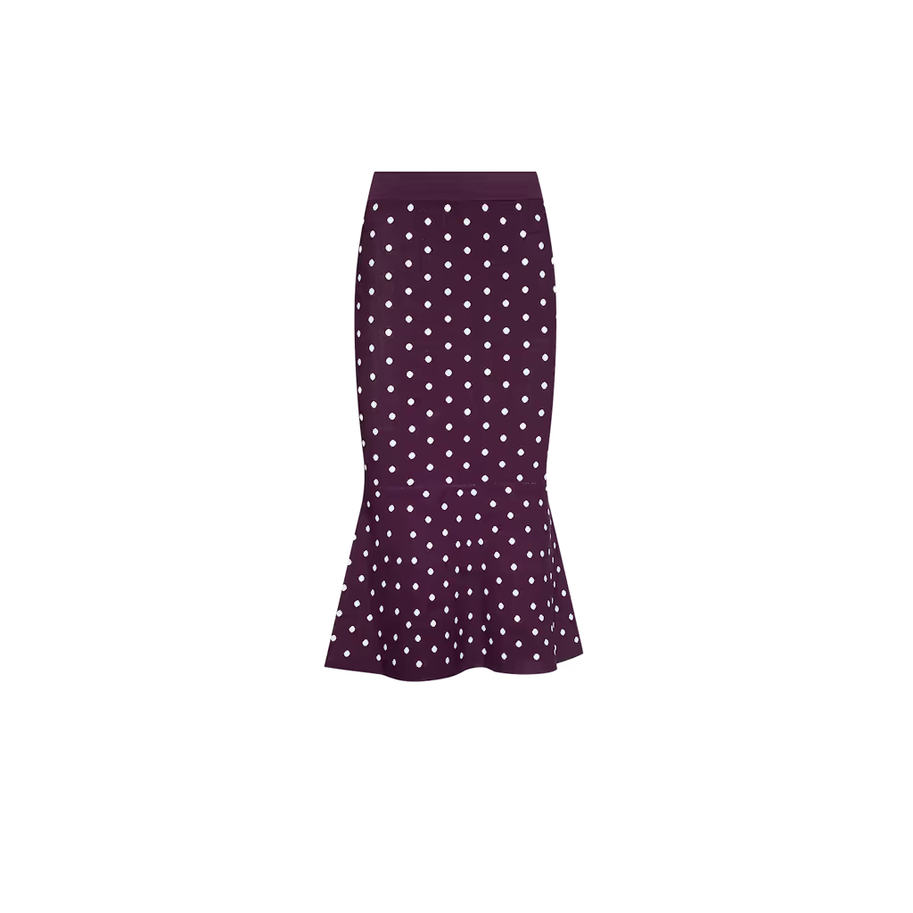 A dark purple mermaid-style skirt with a white polka dot pattern, shown against a plain white background.