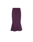 A dark purple mermaid-style skirt with a white polka dot pattern, shown against a plain white background.