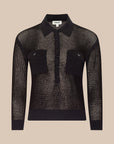 A black long-sleeve knit shirt-jacket with a sheer open-knit body, solid black collar, cuffs, and hem, and two buttoned chest flap pockets, shown on a beige background.