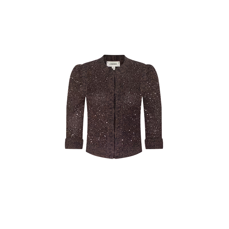 A dark brown tweed jacket with silver glitter speckles, featuring structured shoulders, a round neckline, and a front button closure, shown against a plain white background.