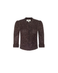 A dark brown tweed jacket with silver glitter speckles, featuring structured shoulders, a round neckline, and a front button closure, shown against a plain white background.