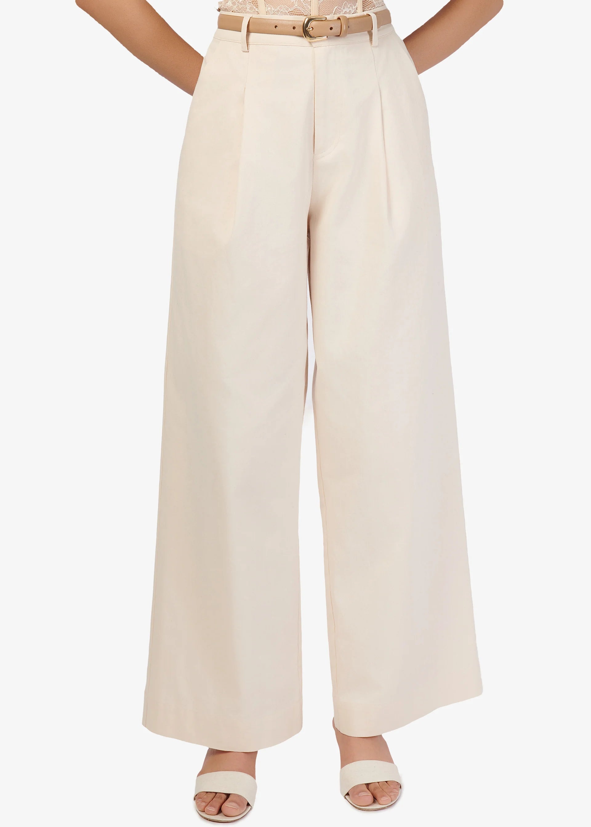 Beige wide-leg pants worn by a person on a white background front view