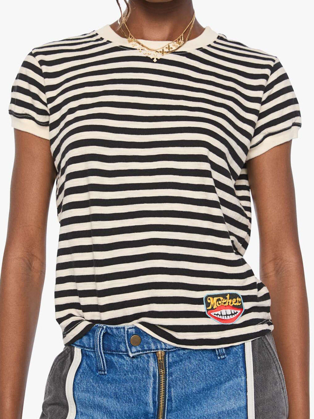The Boxy Goodie Goodie Tee in BKC close up front view on model