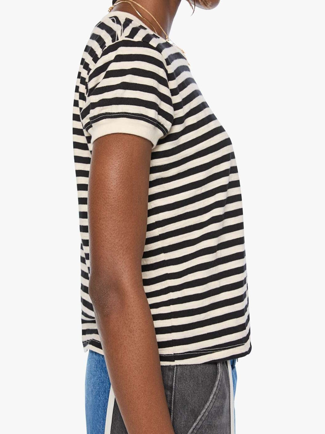 The Boxy Goodie Goodie Tee in BKC close up side view on model