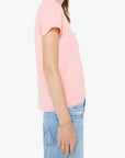 Woman wearing a pink t-shirt and sunglasses on a white background
