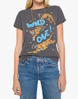 Woman wearing a dark gray t-shirt with tiger graphics and 'Wild One!' text on a white background