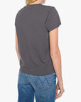 Person wearing a dark gray t-shirt and blue jeans on a white background