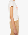 Person wearing a white t-shirt with a graphic design on a plain background, side view