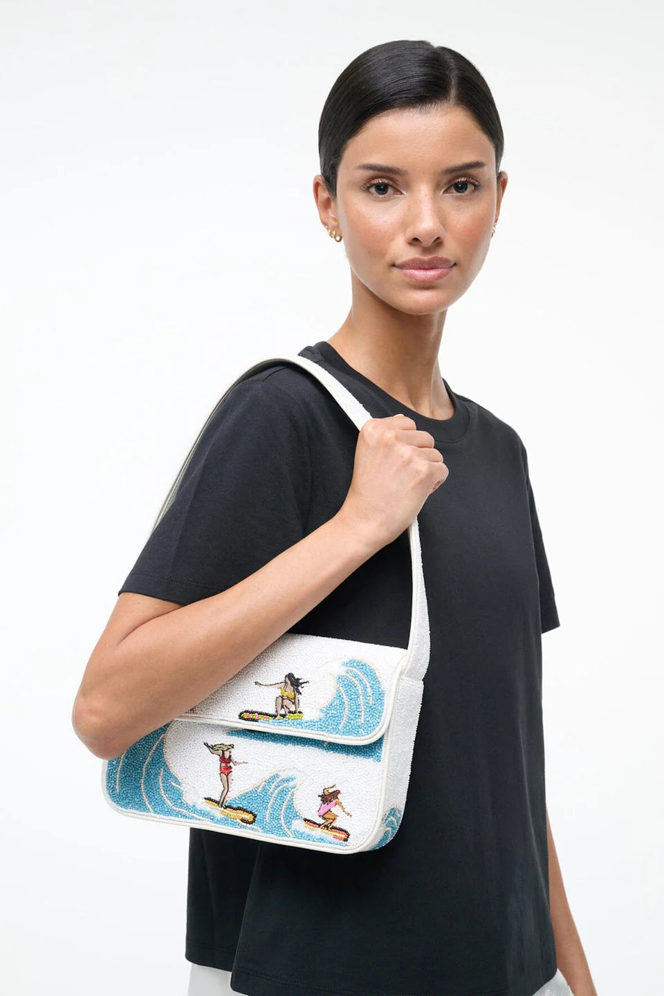 Tommy Beaded Bag Surf Babes on shoulder