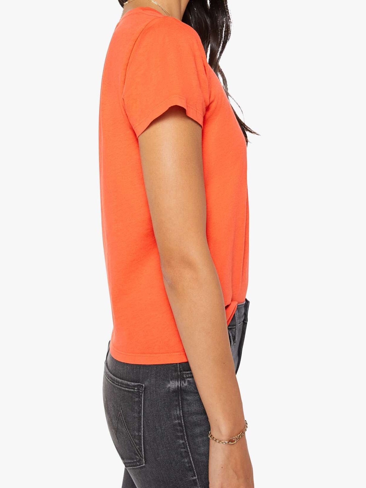The Lil Goodie Goodie Tee in DRN close up side view on model