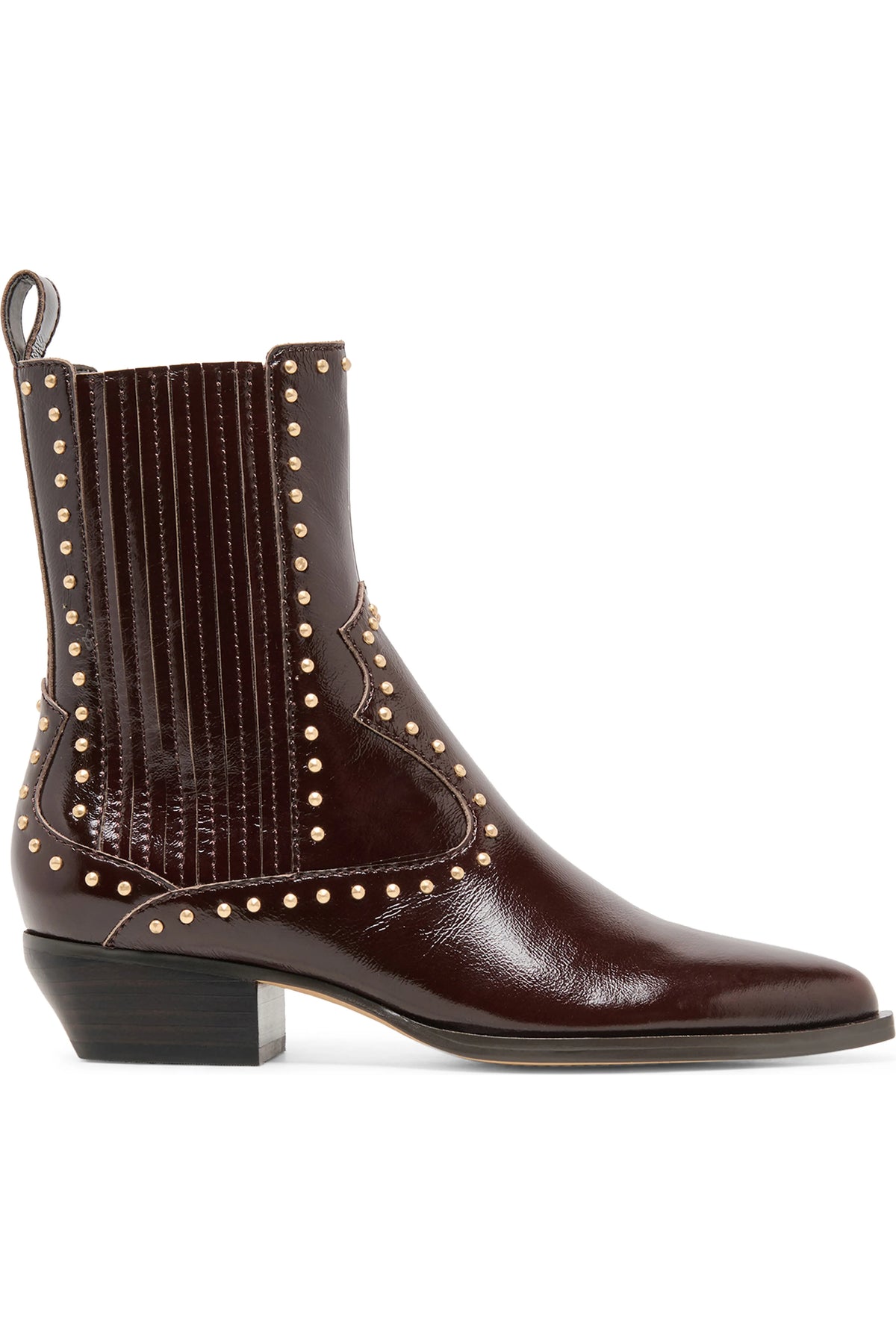 A dark brown leather ankle boot with a pointed toe, black block heel, and gold-tone metal studs, shown from a side profile on a white background.