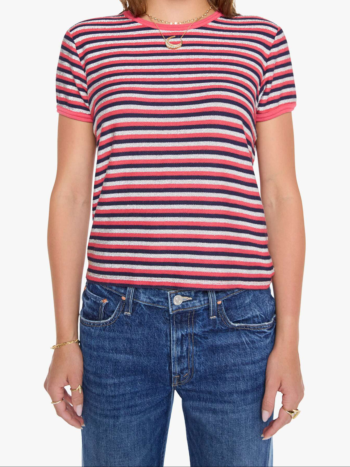 The Lil Goodie Goodie Ringer in Pink Stripe front view on model