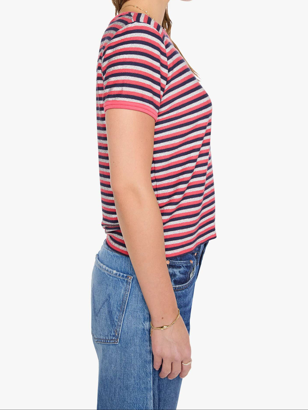 The Lil Goodie Goodie Ringer in Pink Stripe side view on model