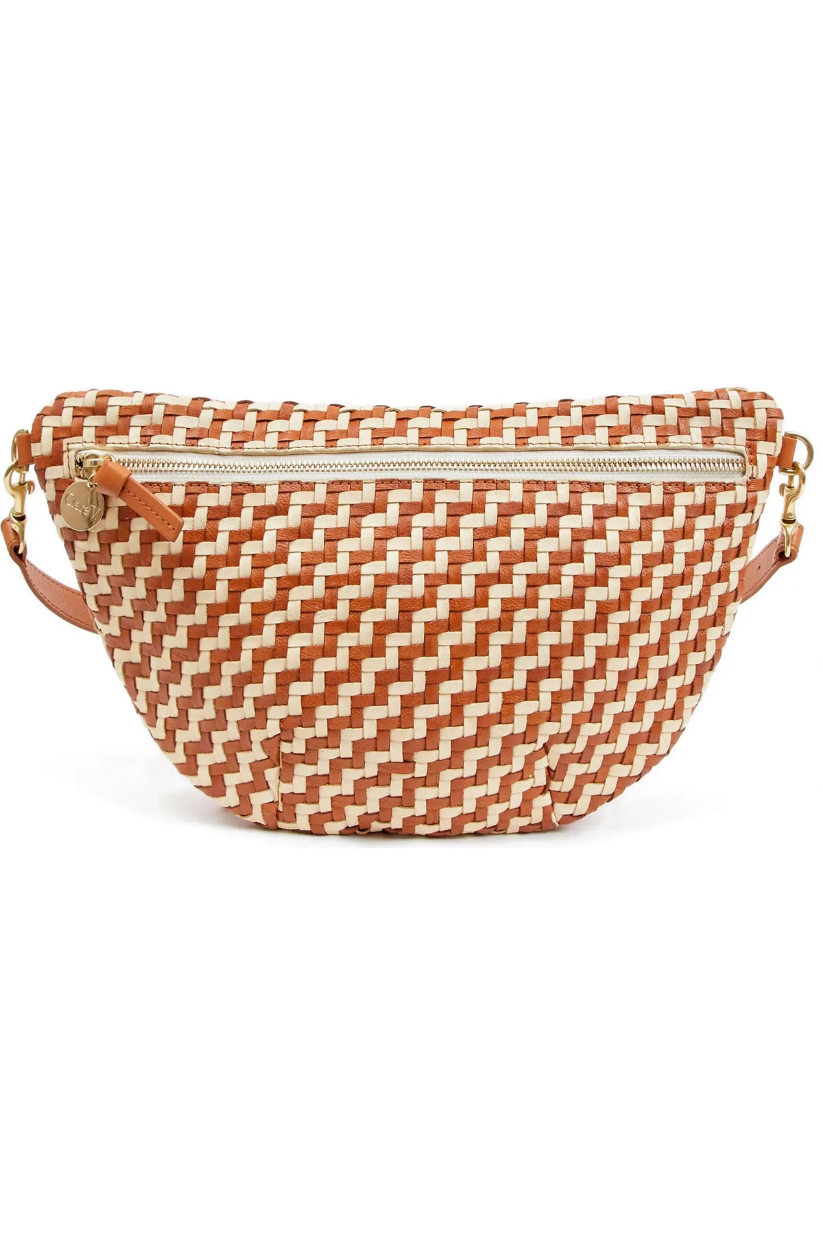 A woven fanny pack featuring a terracotta orange and cream zigzag pattern, with a top zipper and a tan leather strap on a white background.