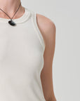 Isabel Rib Tank Dune close up shoulder detail