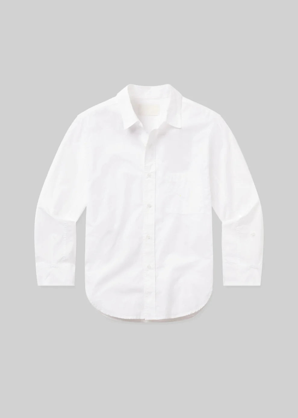 A white long-sleeve button-up shirt with a classic collar and chest pocket, displayed flat against a solid gray background.