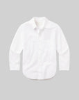 A white long-sleeve button-up shirt with a classic collar and chest pocket, displayed flat against a solid gray background.
