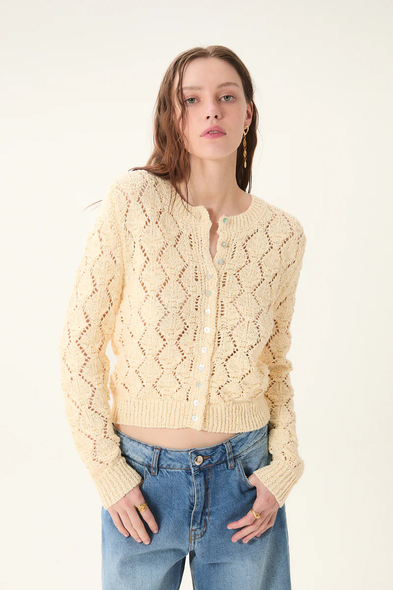 Cerdena Cardigan close up front view on model