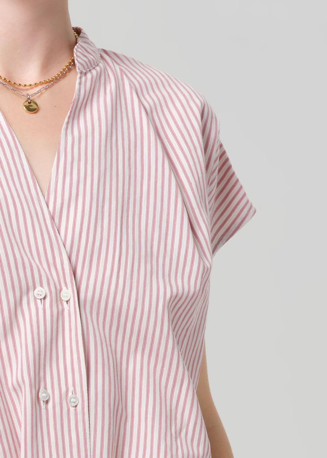 Penelope Blouse In Raspberry Stripe close up shoulder