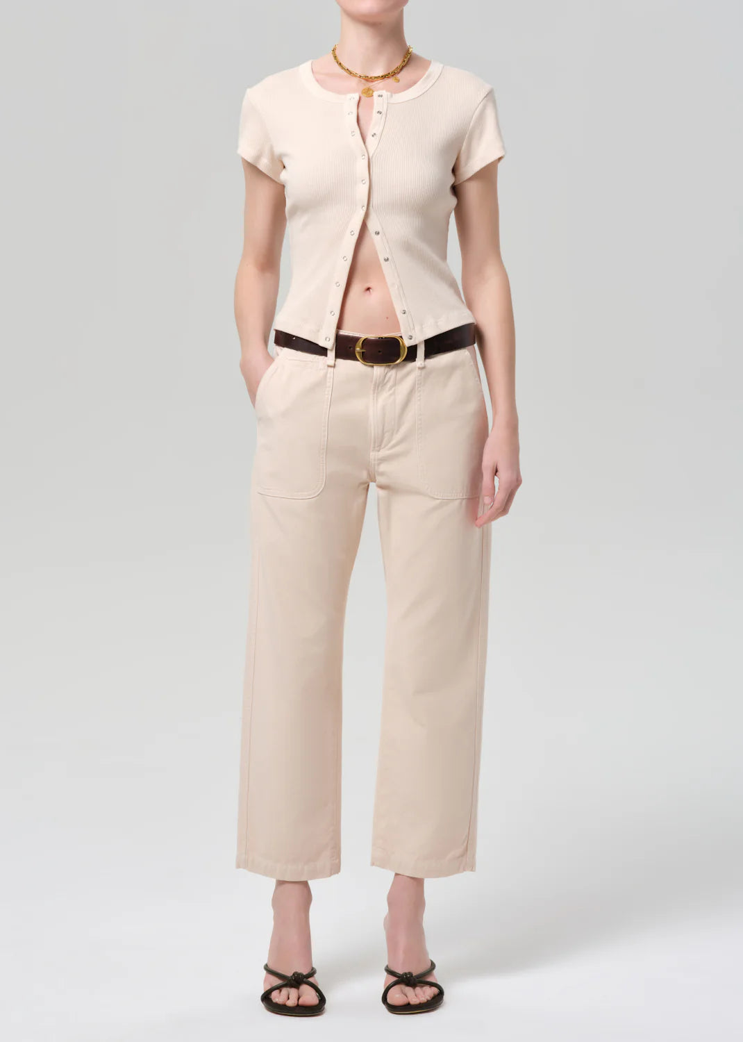 Tabi Short Sleeve Cardigan in Shrimp full body front