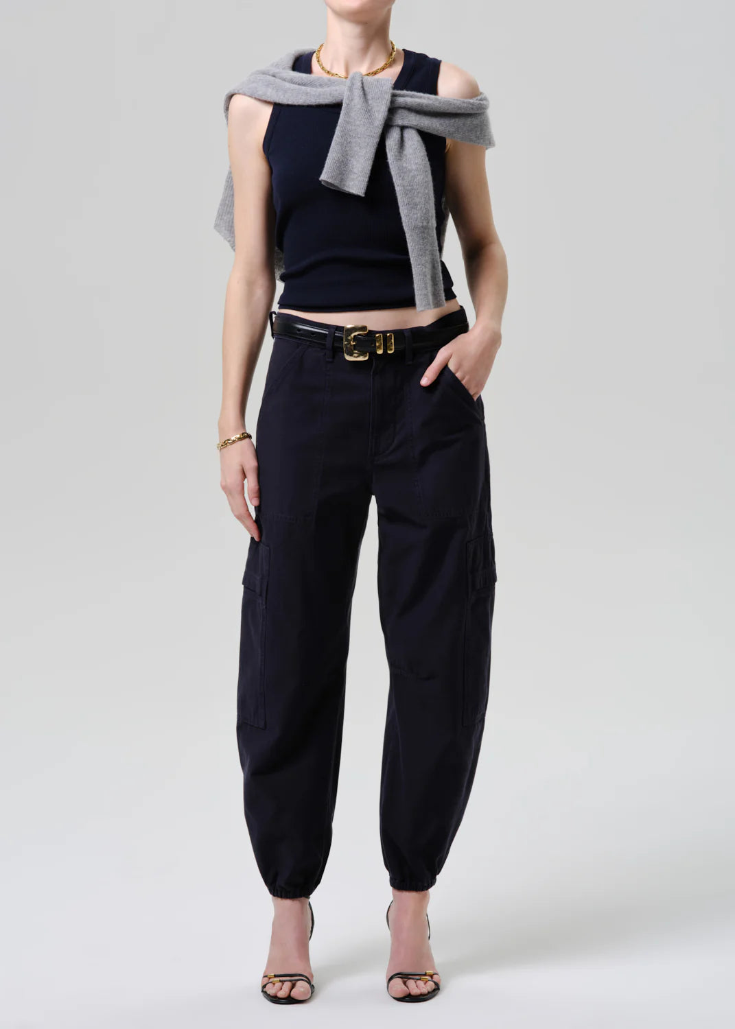 Nova Tank in Navy full body view with sweater over shoulder