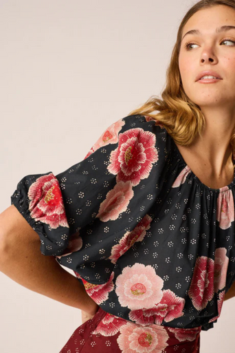 Natalie Martin Ella Top Poppy Print close up shoulder