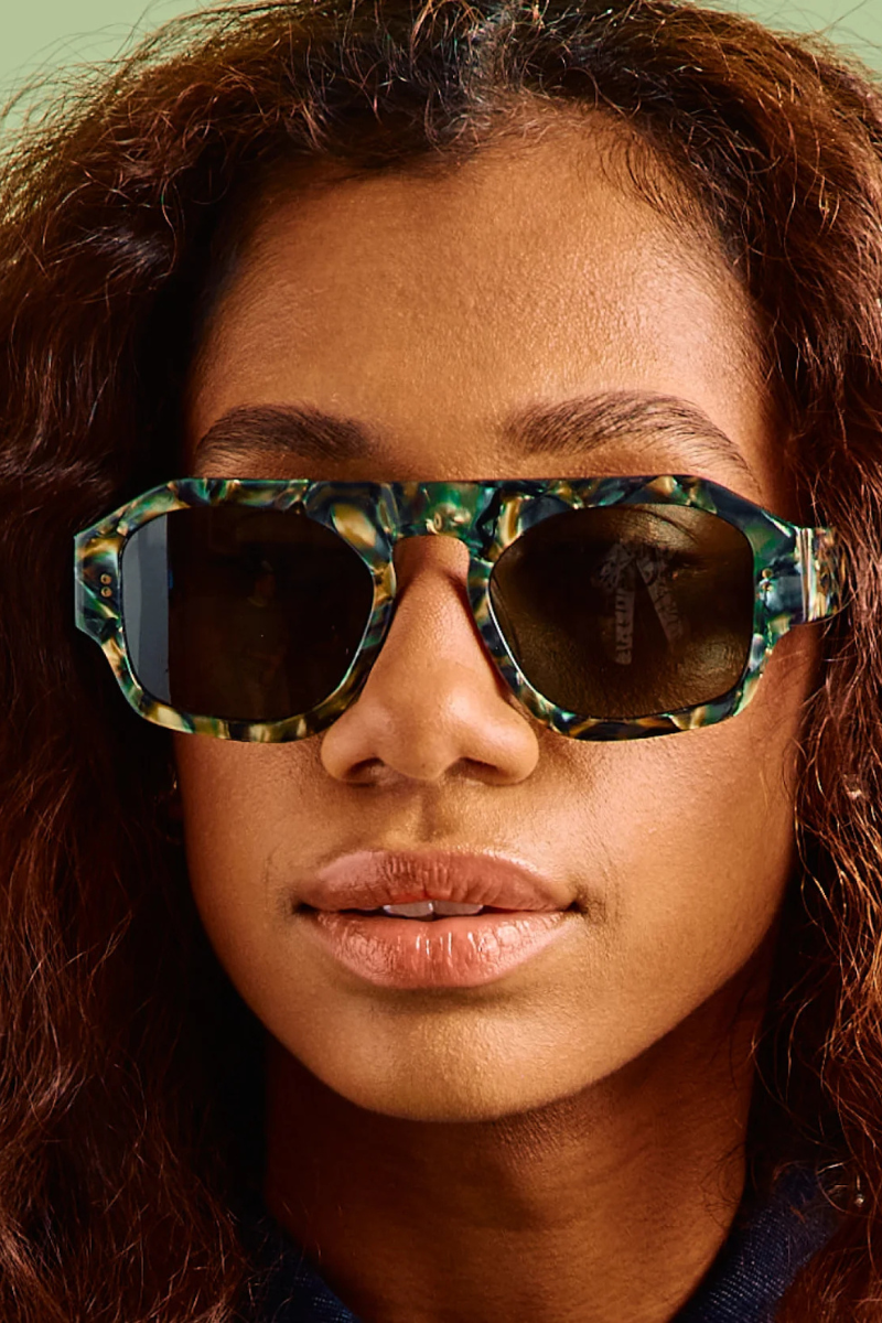 Sardine Louie Abalone Rizz Sunglasses close up on model