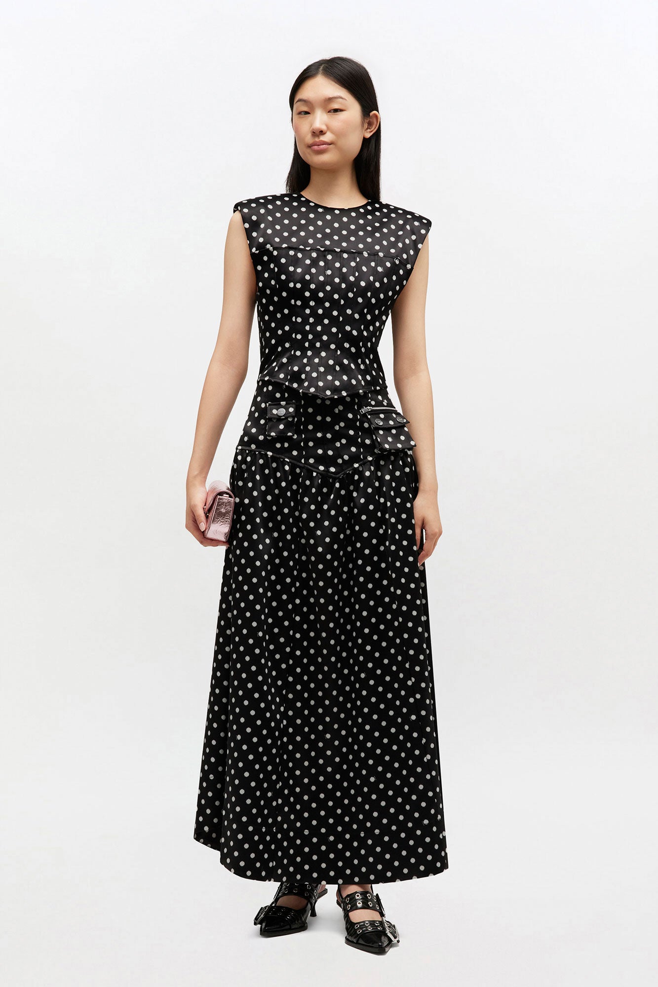 Polka-Dot Satin Corset Top full body with matching skirt