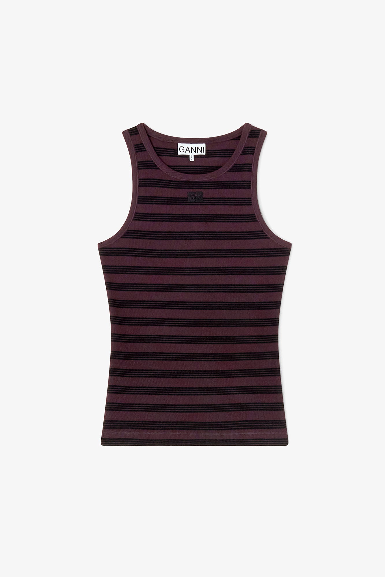 Striped tank top with 'Ganni' branding on a white background