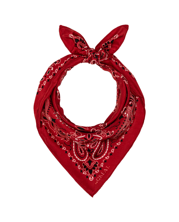 The Silk Bandana True Red tied, by itself