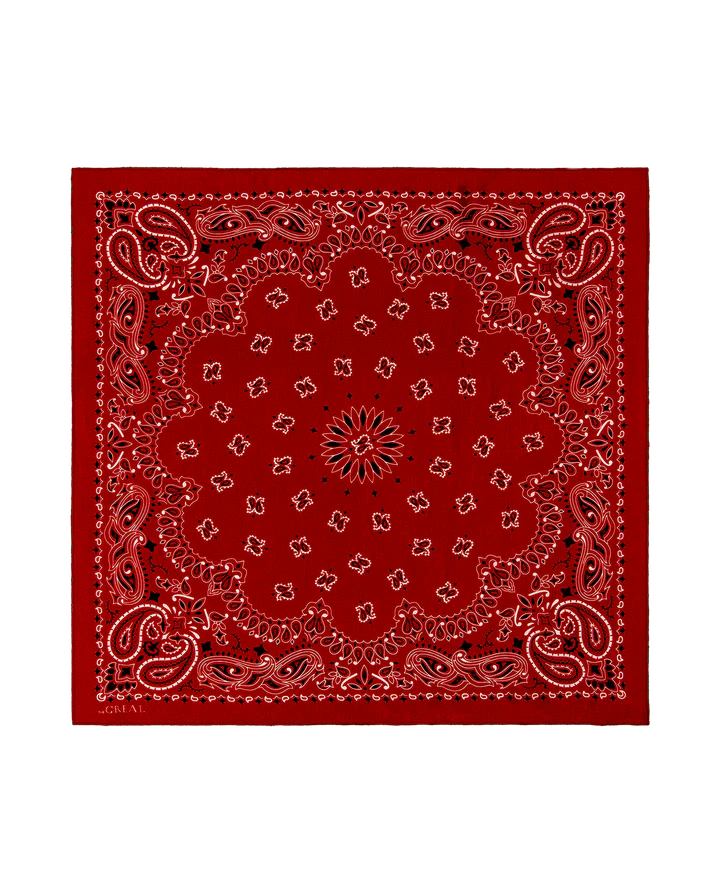 Red bandana with intricate patterns on a white background, laid flat