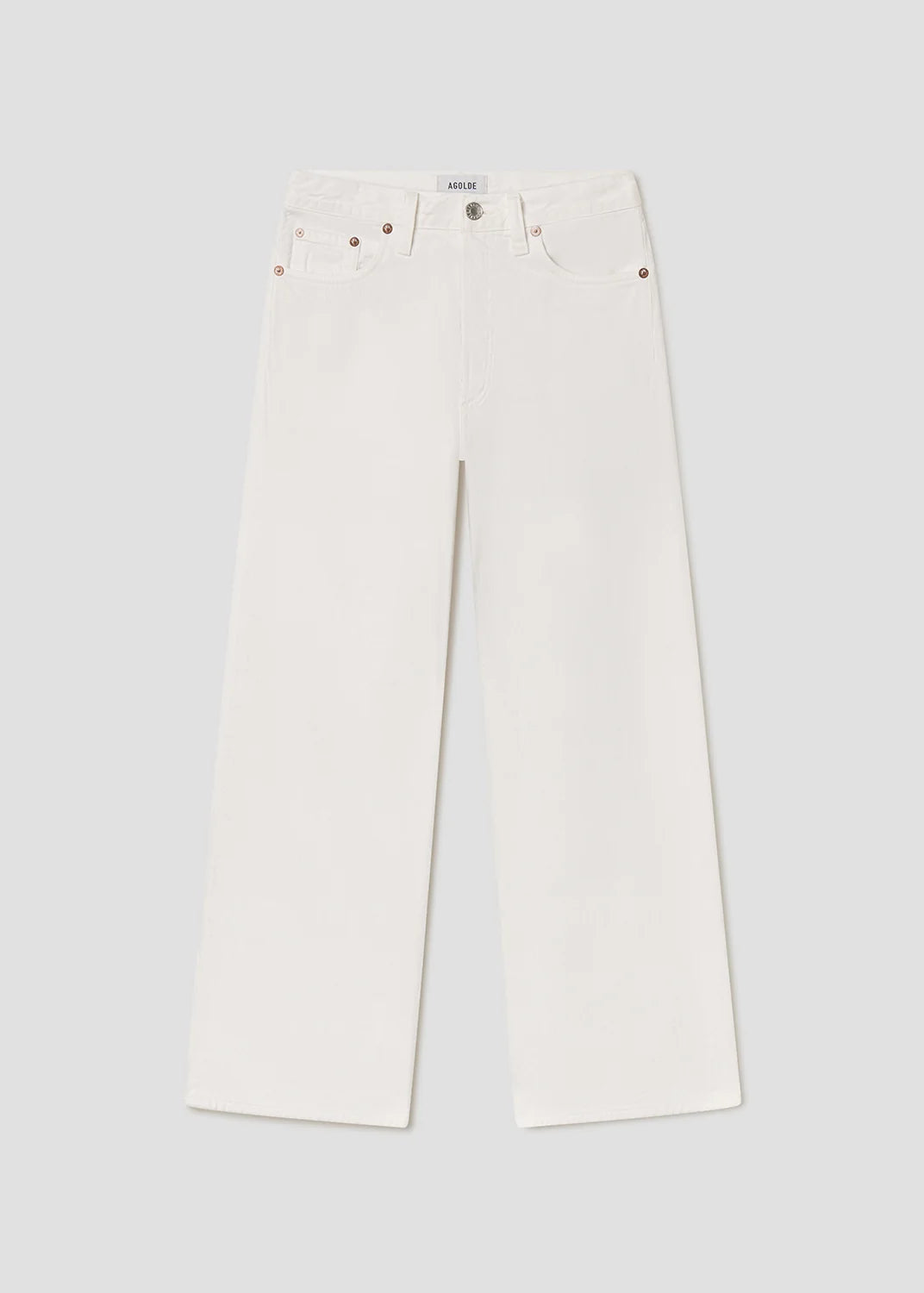 White wide-leg jeans with a straight, relaxed fit, shown flat against a light gray background.