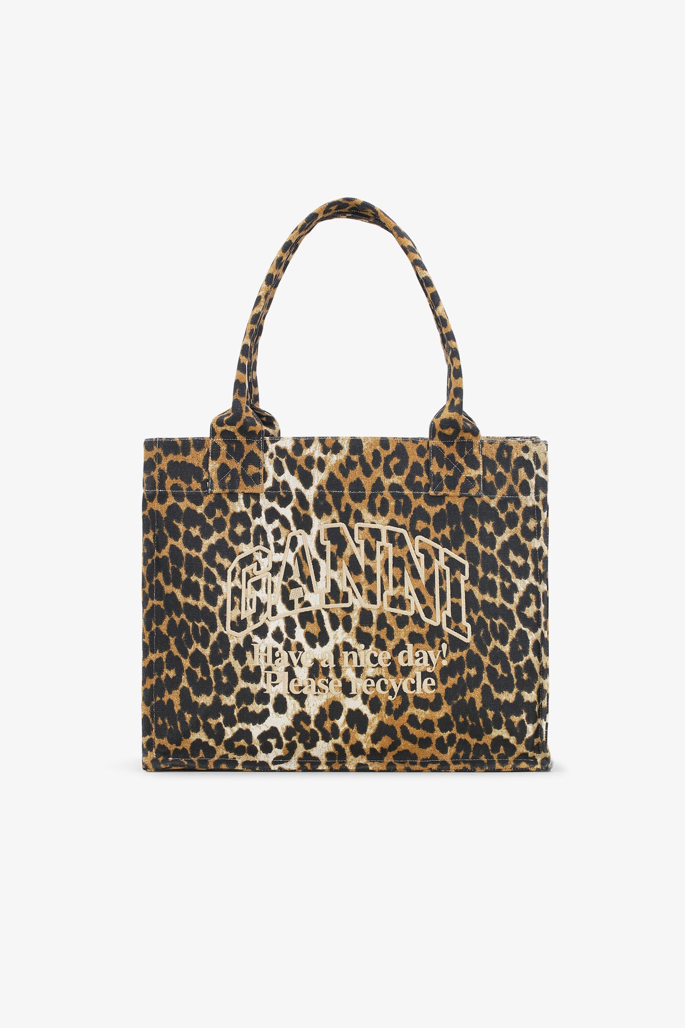 Leopard print tote bag with text on a white background