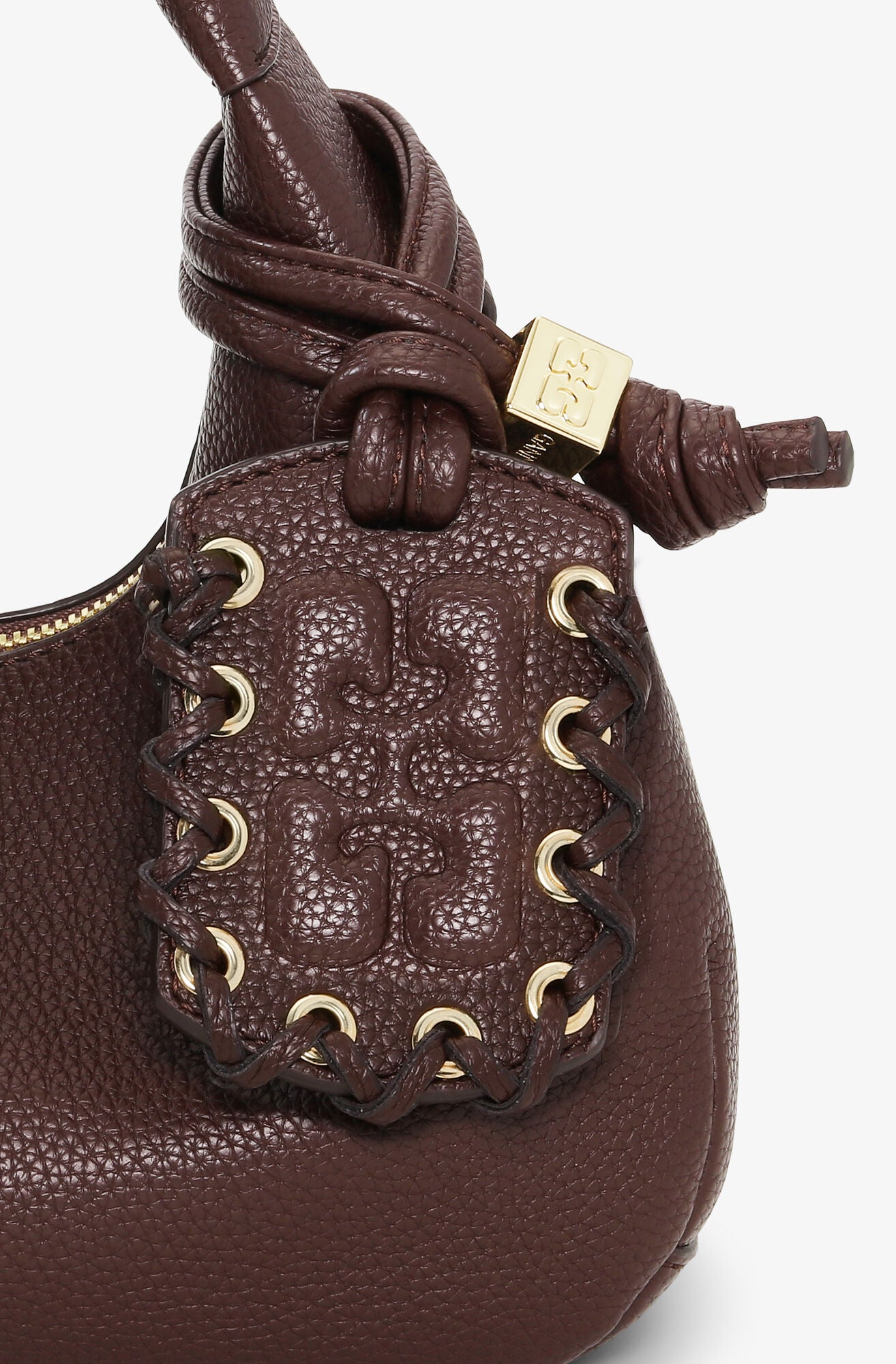 Brown Mini Hobo Bag tag close up front